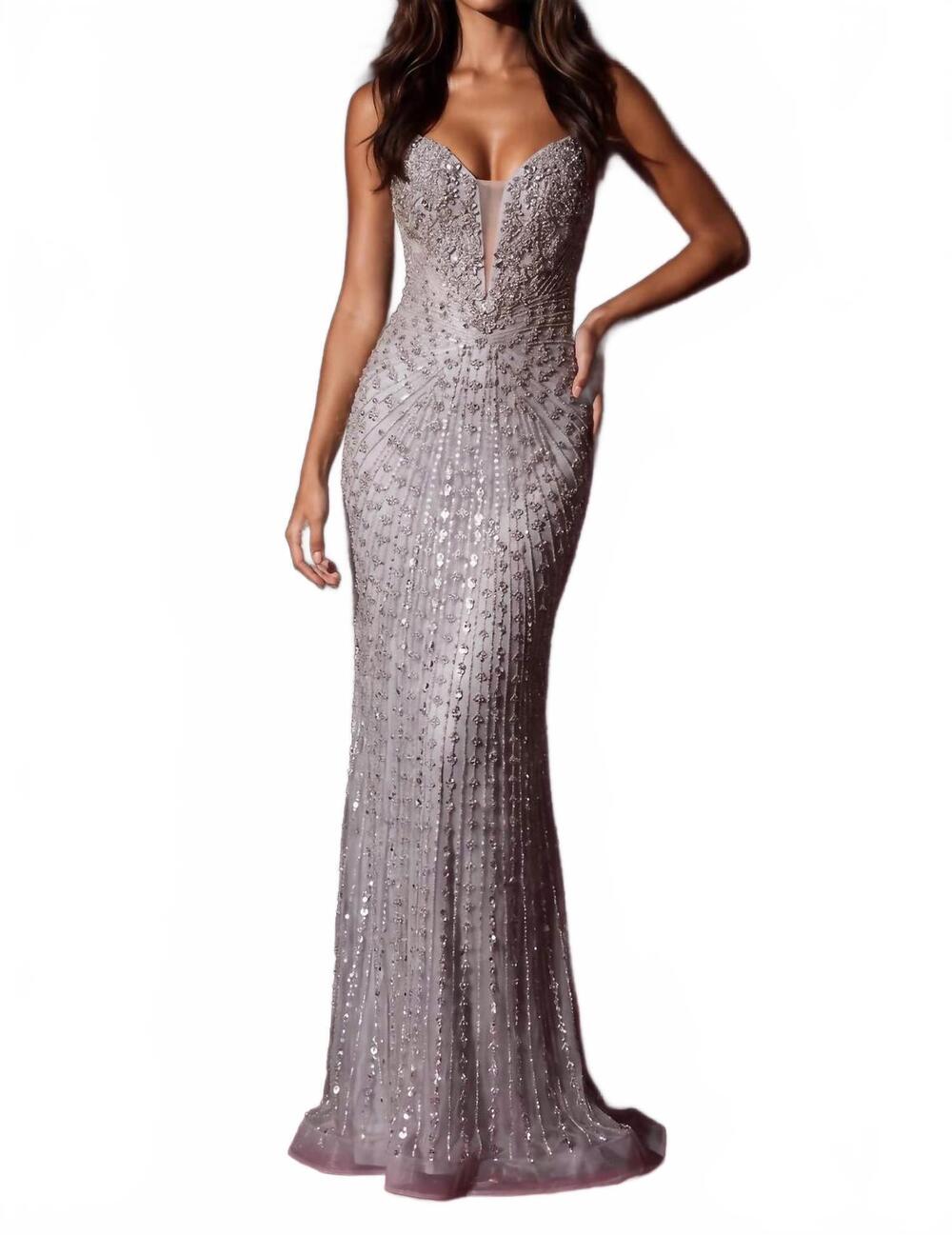 NEW KOS fitted formal beaded prom gown in silver